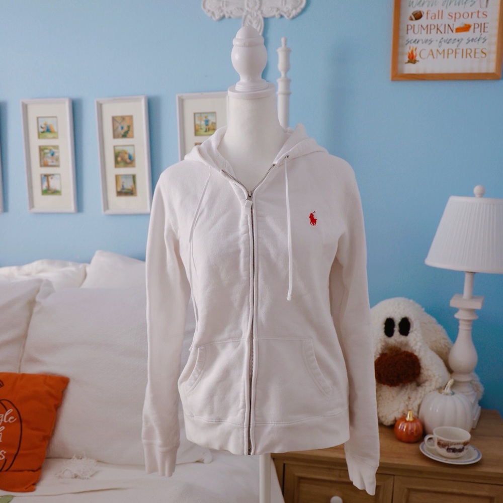 Ralph Lauren White Zip-Up Hoodie with Pink Polo Logo